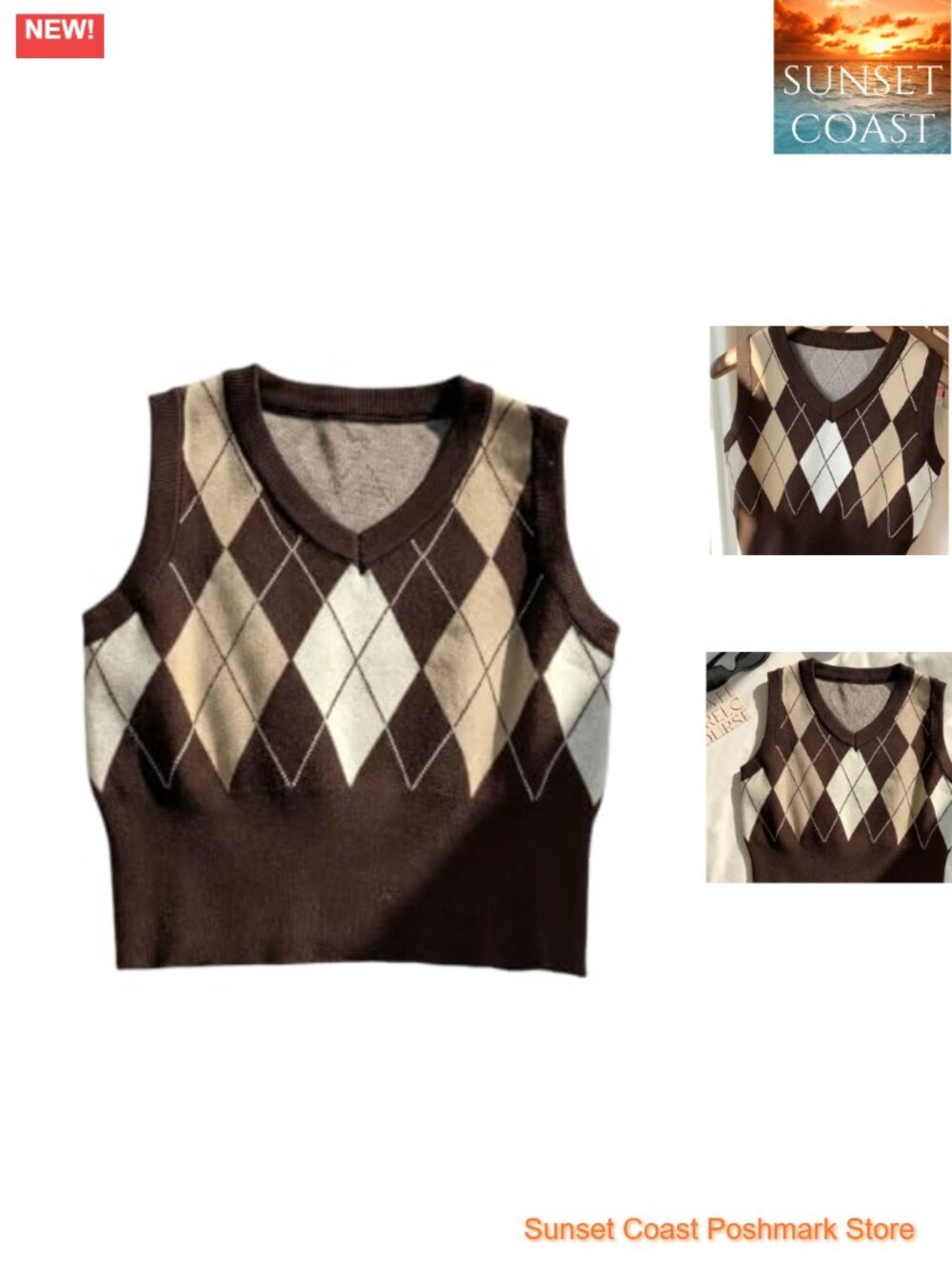 Argyle Plaid V Neck Sleeveless Knitted Sweater Vest Crop Top
